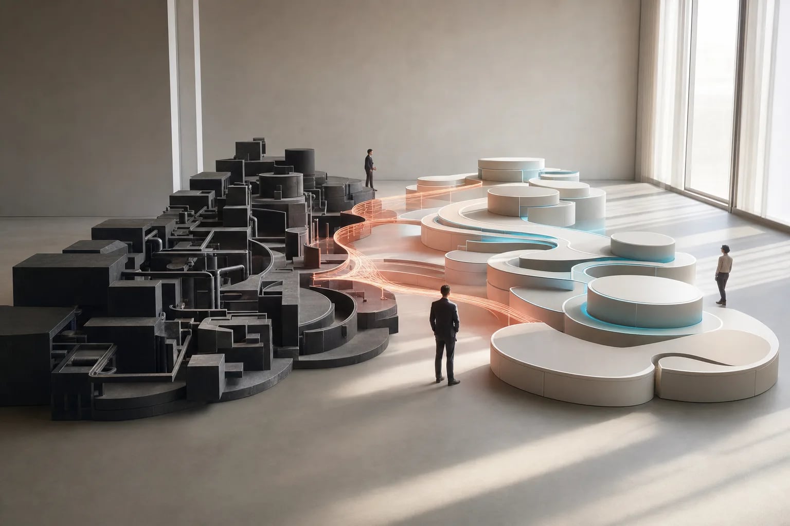 A fragmented legacy operating model transforming into a seamless modular digital architecture.